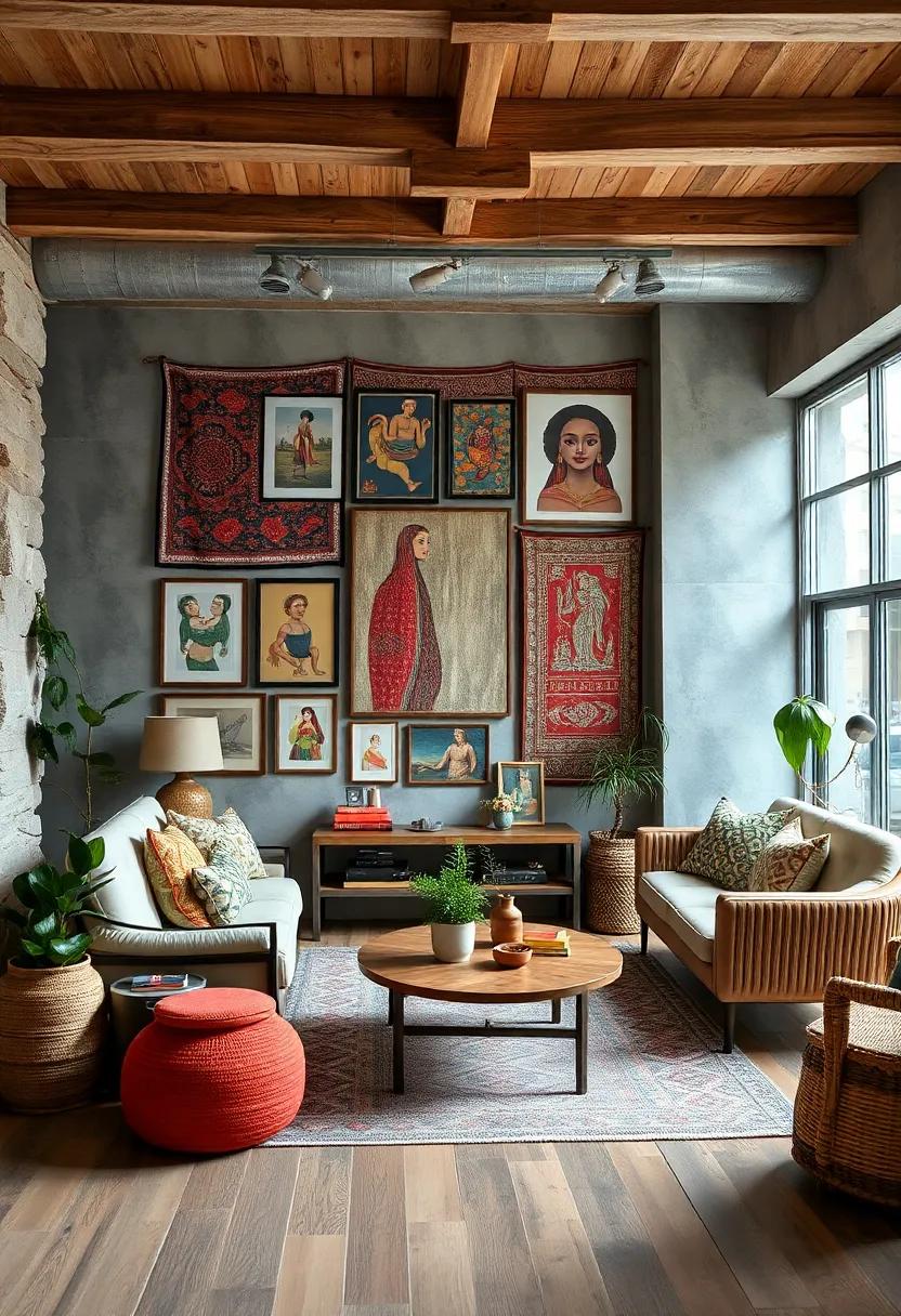 A ⁤gallery wall adorned with‍ eclectic art prints and framed textiles that celebrate‌ diverse cultures