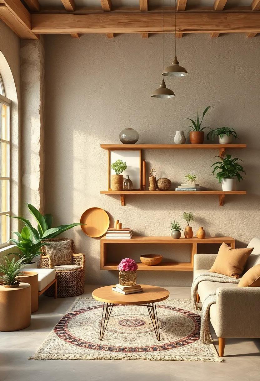 Natural wood shelves‍ decorated with curated ⁤objects⁣ and plants, ⁣adding beauty and functionality