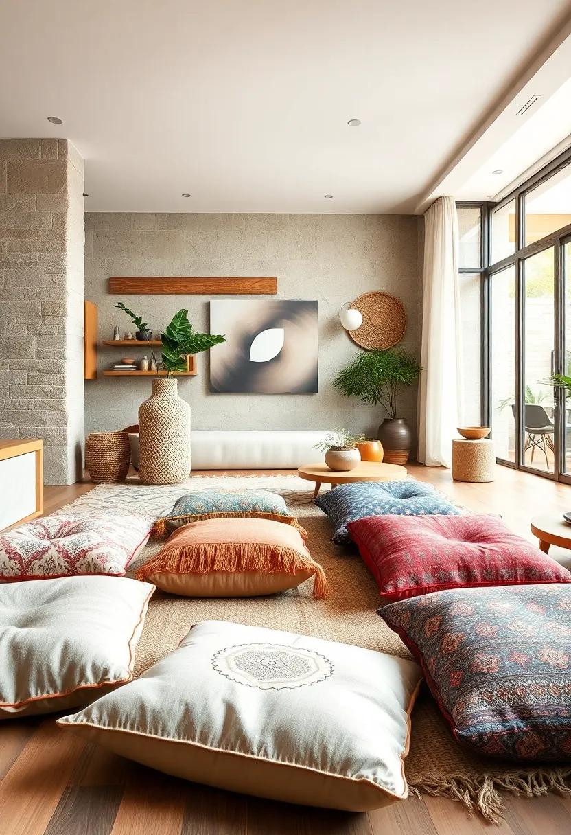 Floor cushions⁤ in various ⁢patterns and ⁤textures,inviting relaxation⁣ and informal gatherings