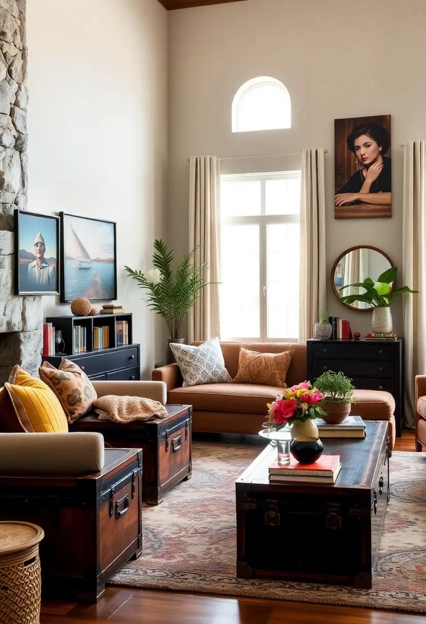 Vintage trunks as Coffee Tables: Embrace nostalgia by using vintage trunks as functional coffee tables that also offer ample storage for books and blankets