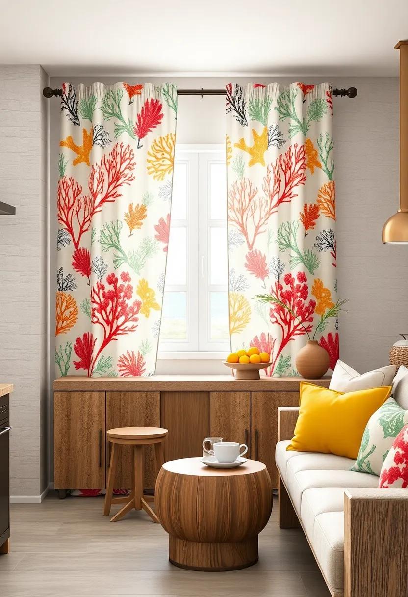 Coral Reef Prints: Dive into vibrant decor with curtains ‌showcasing colorful coral patterns, creating a lively and‌ inviting atmosphere