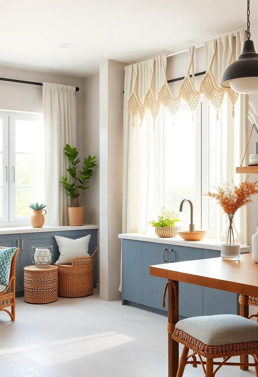 Macrame Detailing: Elevate your​ curtains with macrame ‍elements that add a tactile quality and bohemian touch to your coastal-inspired kitchen