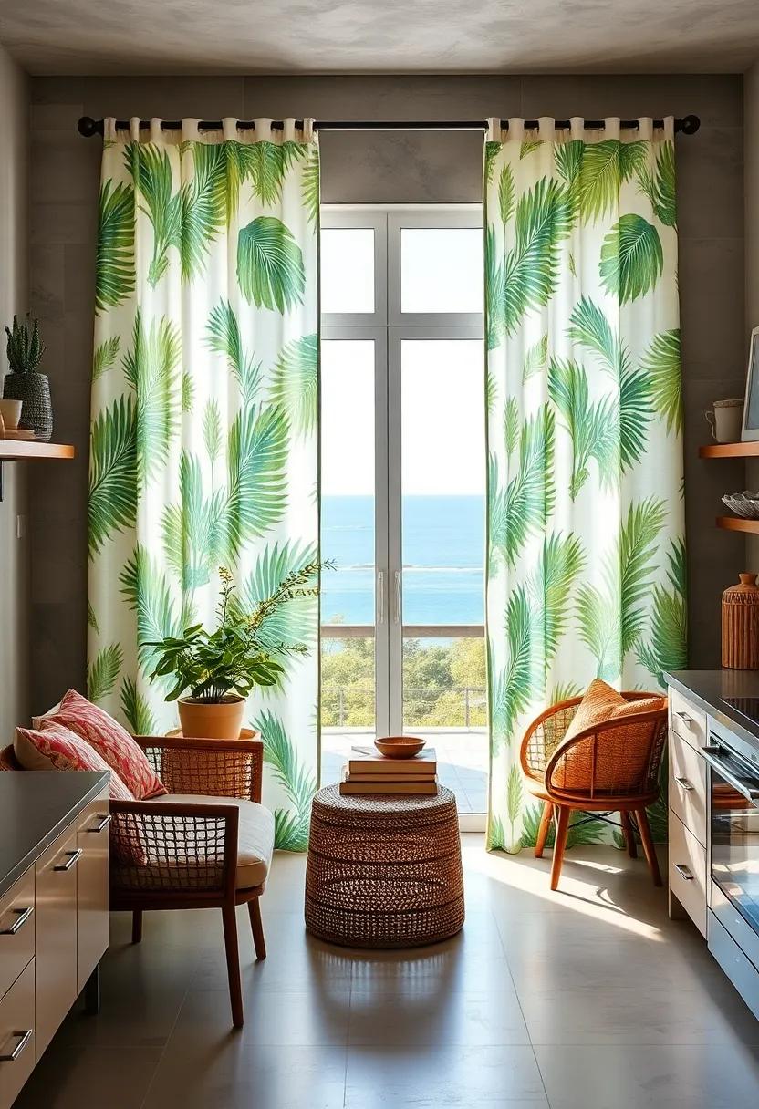 Palm Leaf Prints: Invite tropical vibes into your space⁣ with curtains adorned in bold‍ palm leaf designs, ideal for a resort-style kitchen