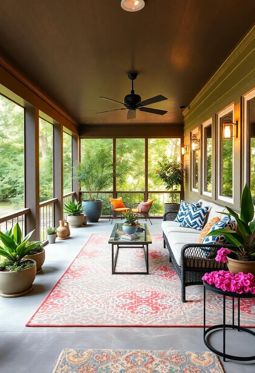 Patterned Flooring: Experiment with⁢ colorful outdoor rugs or painted floors to add visual interest and define⁣ distinct areas within your screened porch