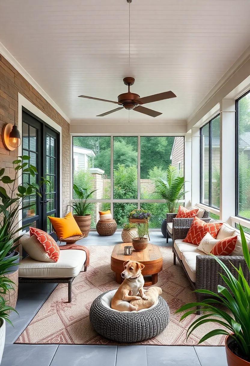 Pet Paradise: Create a dedicated area for your pets, with comfy beds and toys, allowing your furry friends to ​enjoy the fresh air alongside you