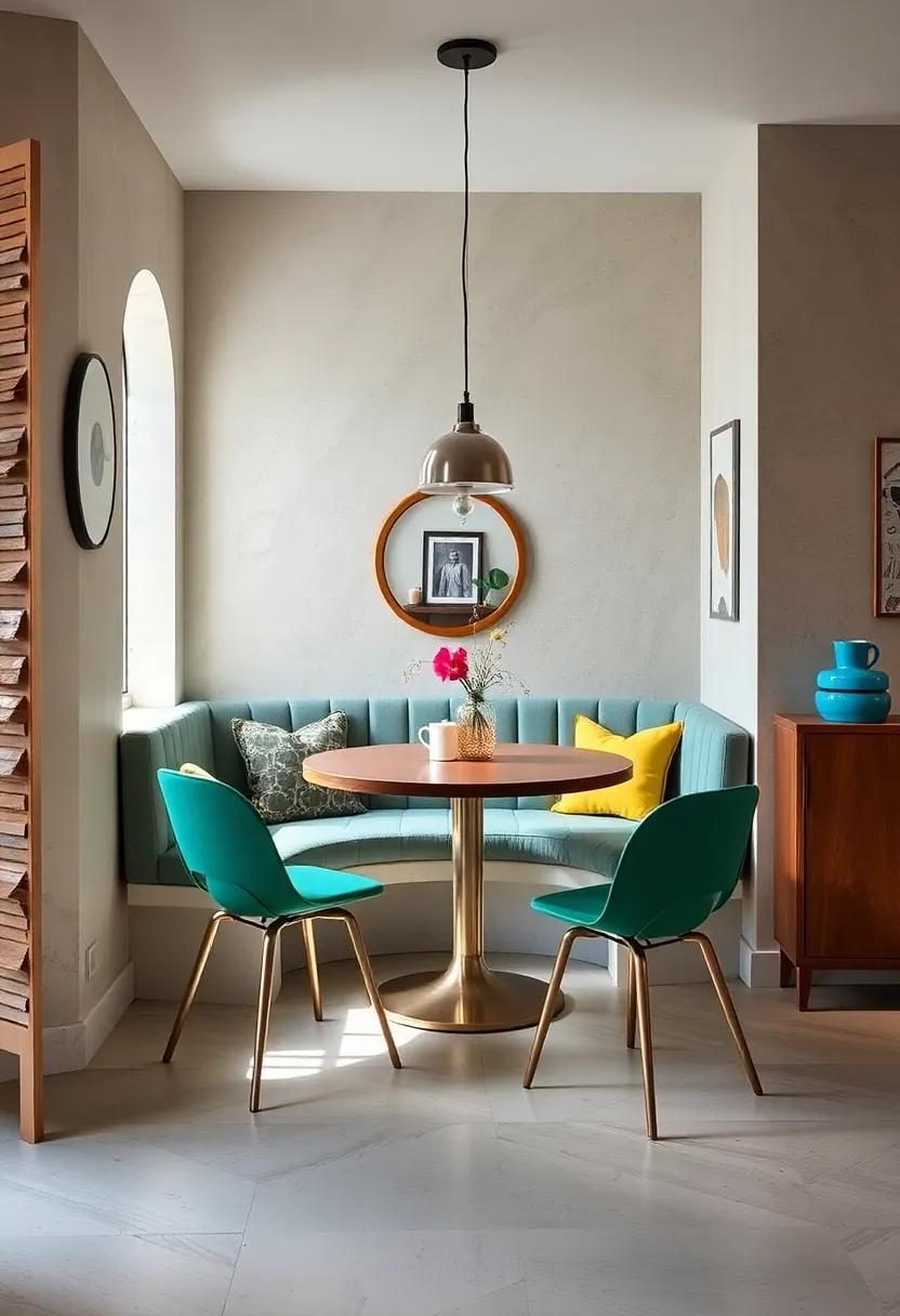 Retro Revival: Bring back mid-century modern with a rounded table and retro chairs,emphasizing playful colors‌ and vintage design