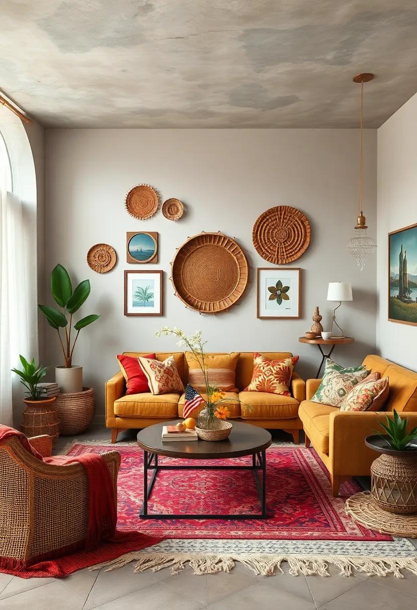 Implement ⁣Bohemian Wall decor: Use an array of‌ decorative items‍ like​ woven baskets or framed textiles on the wall to bring character and ⁢a ‌unique ​touch to your living room