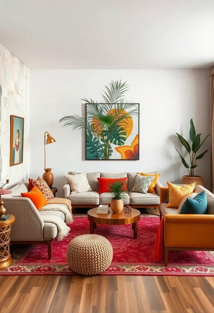 Create a Focal Point: Designate an area in your‌ living room⁢ for a bold piece⁣ of art ⁣or an ⁤eye-catching ​plant to draw the eye and create a ‌vibrant atmosphere