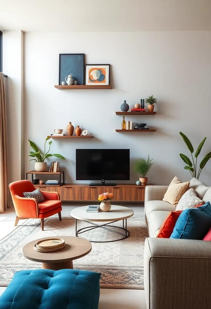 Floating Shelves: transform wall space into visual art with distinctively​ designed shelves that display unique objects and books as part of your room's aesthetic
