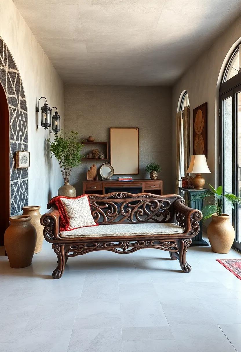 Hand-carved Wooden Bench: This artisan-crafted⁢ bench makes for a stunning entryway‍ piece, showcasing exquisite ⁢craftsmanship and serving ⁤as a⁤ gathering spot