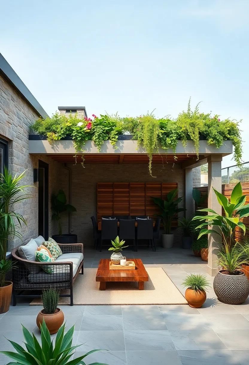 DIY green Roof: If possible, create a green roof on your patio overhang to promote insulation and support biodiversity while providing a unique design element