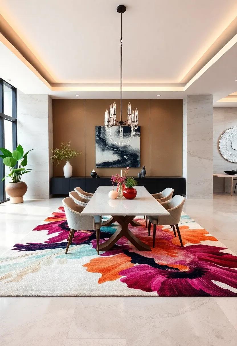 Abstract Art-Inspired ⁣Rugs: Choose ​carpets with artistic motifs that ⁤mimic ‍fine art, creating ⁣an eye-catching centerpiece for your dining room