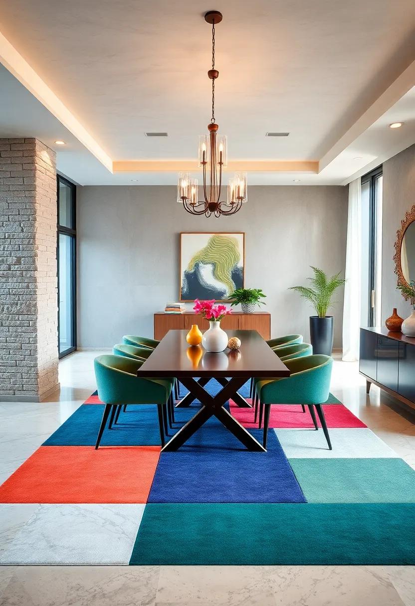 bold Color Blocks: ‌Create visual drama with a carpet featuring bold blocks of color, adding a playful⁣ twist to ⁤a ⁢modern dining​ space
