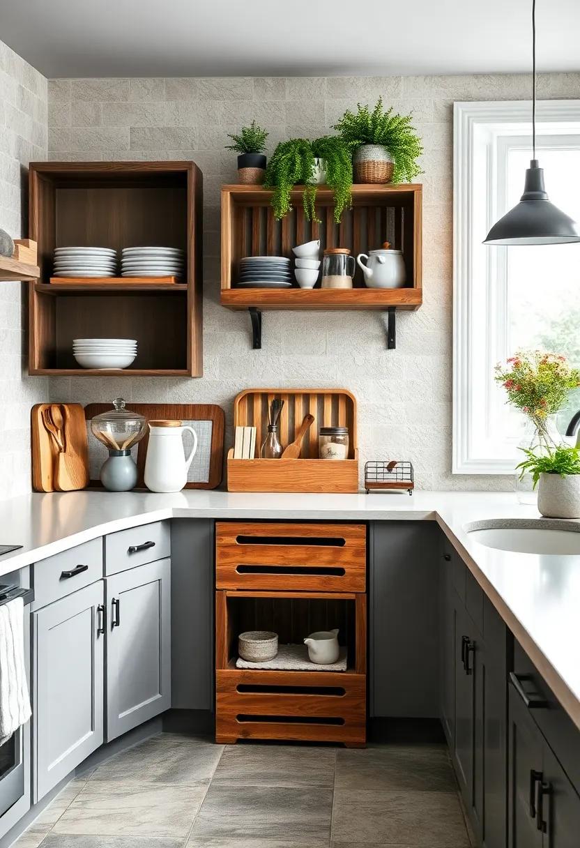 Repurposed Wood Crates: Stack some repurposed wood crates to create an eye-catching storage solution for cookbooks and kitchen gadgets in a stylish⁤ way