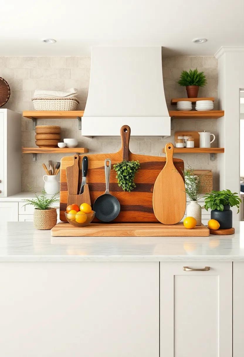 Wooden​ Cutting Board Display: Use an oversized wooden cutting board as a stunning centerpiece,showcasing ​your culinary tools and adding warmth‌ to the space