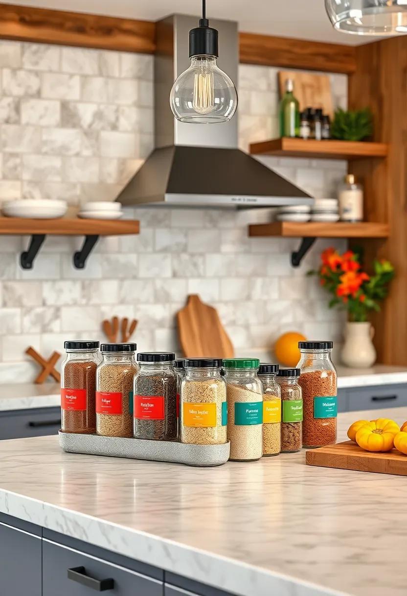 Color-Coded Spice Jars: Organize your spice⁤ collection in clear glass jars with color-coded labels, not‍ only for easy⁤ access but also for a visually striking presentation