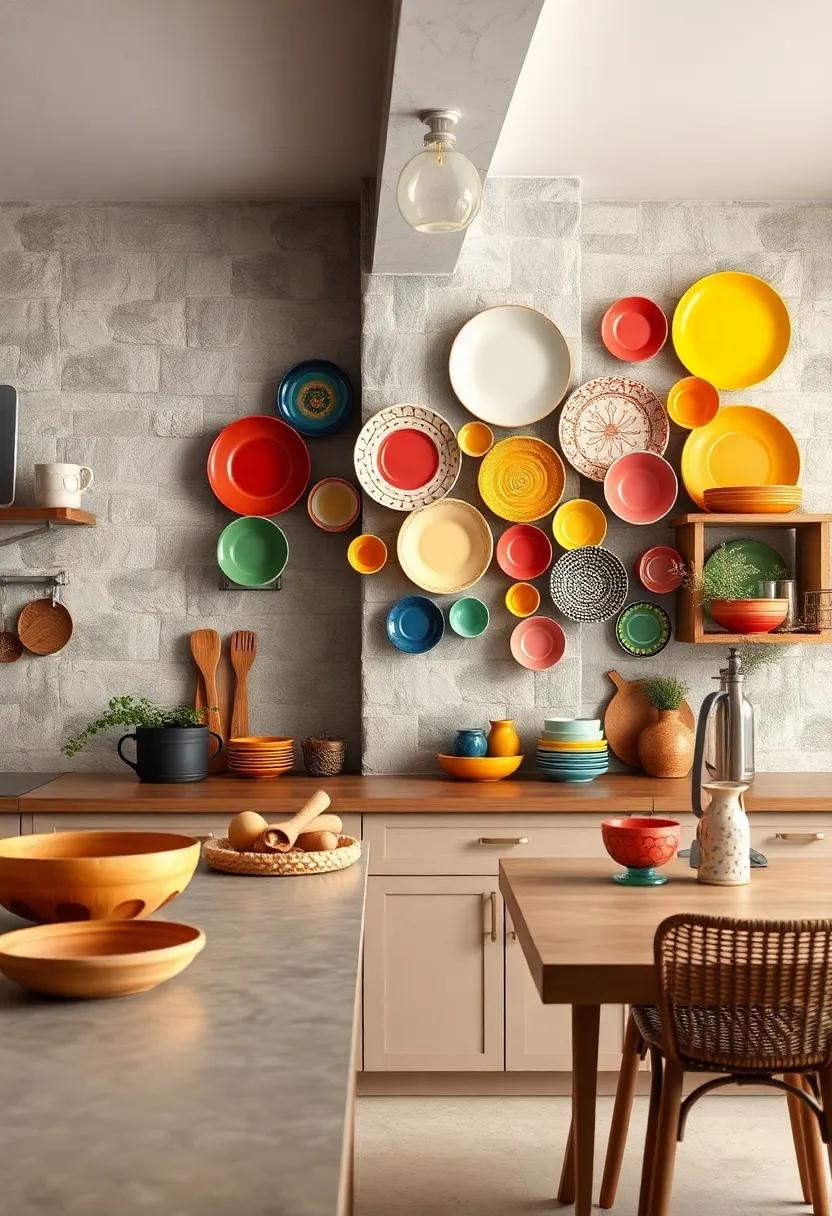 Colorful Dinnerware Wall⁢ - ⁢Arrange colorful plates‌ and bowls on the ⁣wall to create an eclectic, cheerful ​display