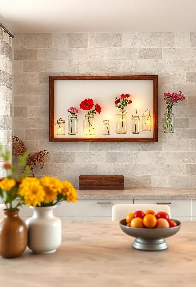Mason Jar ⁣Gallery - ⁢Arrange​ an art‍ piece with mason jars filled​ with⁣ flowers ⁣or twinkling lights to bring a ​touch of whimsy