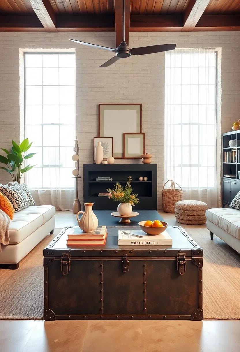 Vintage Metal Trunk:⁣ Use ​a vintage metal trunk as both a stylish coffee table and a hidden storage⁣ solution​ for blankets, books, or seasonal‍ decorations—perfectly blending function with flair