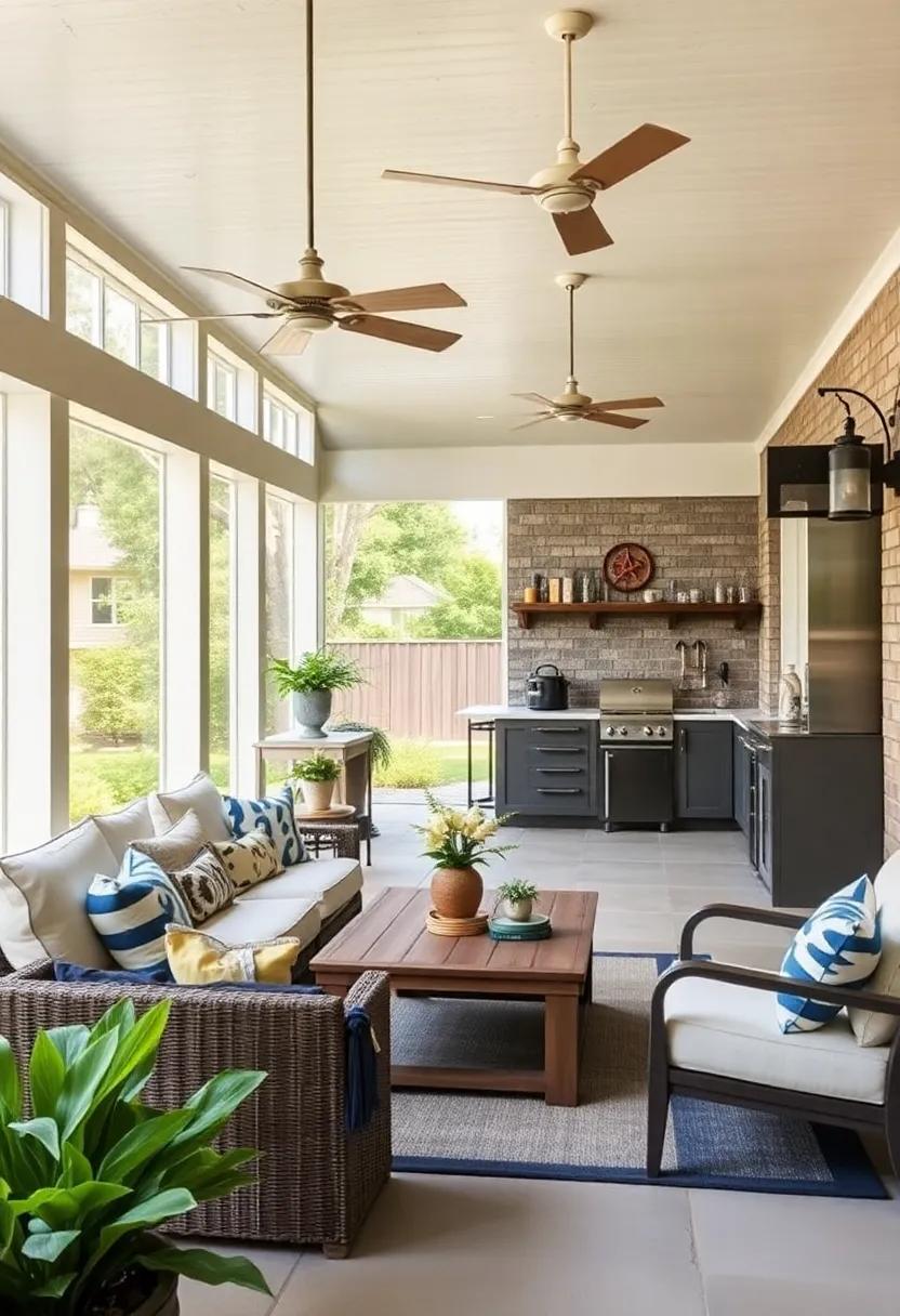 Embrace the outdoors with a coastal-inspired large screened porch featuring a sleek outdoor kitchen and nautical decor​ that⁤ brings a touch of the seaside to your ‍home