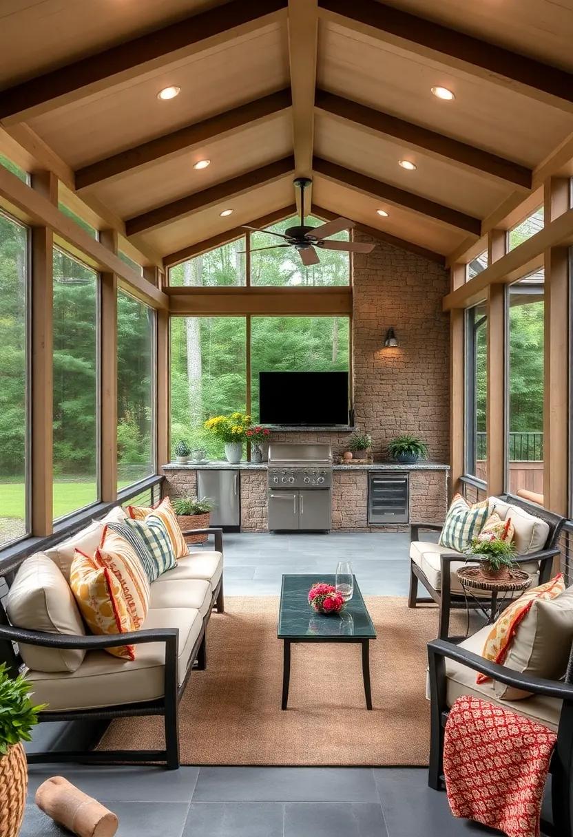 Get inspired by a chic minimalistic approach, ​where⁣ a spacious​ screened porch includes a ​sleek outdoor kitchen, monochromatic color schemes, and unobtrusive furniture ​for a modern touch