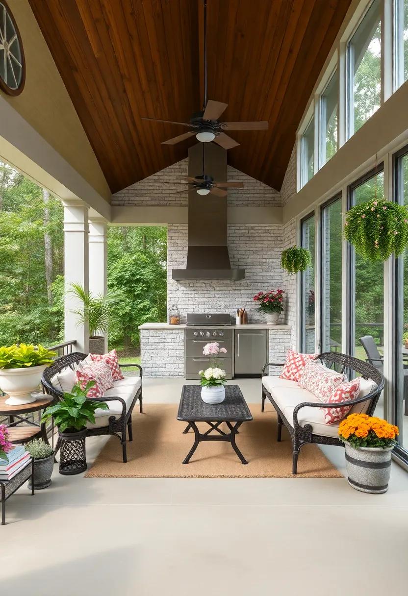 Take‍ a cue from ⁤the garden with⁣ a floral-inspired screened porch that includes an outdoor kitchen surrounded by flowering plants and a cozy dining nook for intimate meals