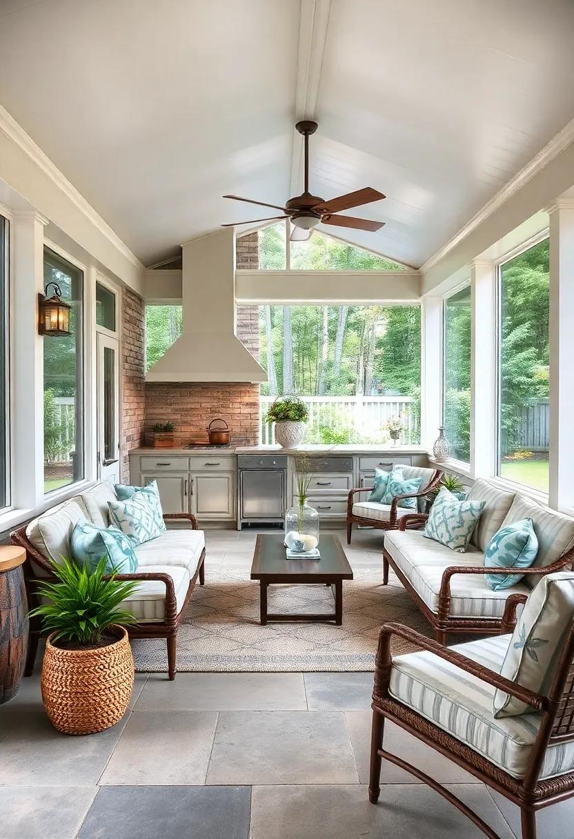 Be inspired by a coastal chic screened porch featuring a bright outdoor kitchen,light breezy fabrics,and nautical elements that offer a refreshing retreat for summer days