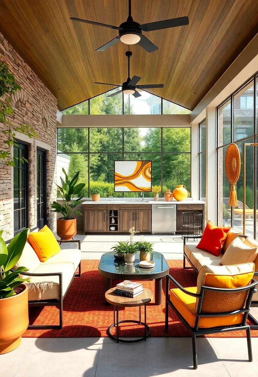 Draw inspiration from‍ a chic, urban screened porch featuring⁢ an outdoor kitchen with industrial flair, ​paired with modern furniture and eye-catching art for a ‌trendy ⁣vibe