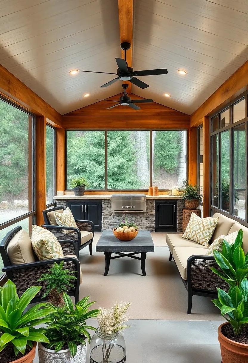 Experience the warmth of a traditional log cabin screened porch that integrates an outdoor kitchen with stone countertops and cozy built-in seating, perfect for‍ winter gatherings