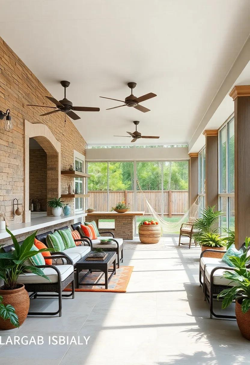 Achieve⁣ a laid-back vibe with a Caribbean-inspired large screened ⁢porch ⁤featuring a colorful ​outdoor kitchen, hammocks, ⁤and natural wood accents for ⁣a serene retreat