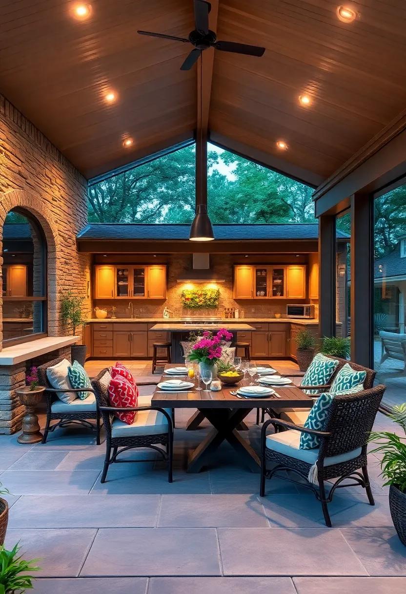Enjoy a⁢ sophisticated outdoor dining experience with ​a large screened porch that incorporates a modern kitchen,elegant table settings,and‍ ambient⁢ lighting for‌ evening allure