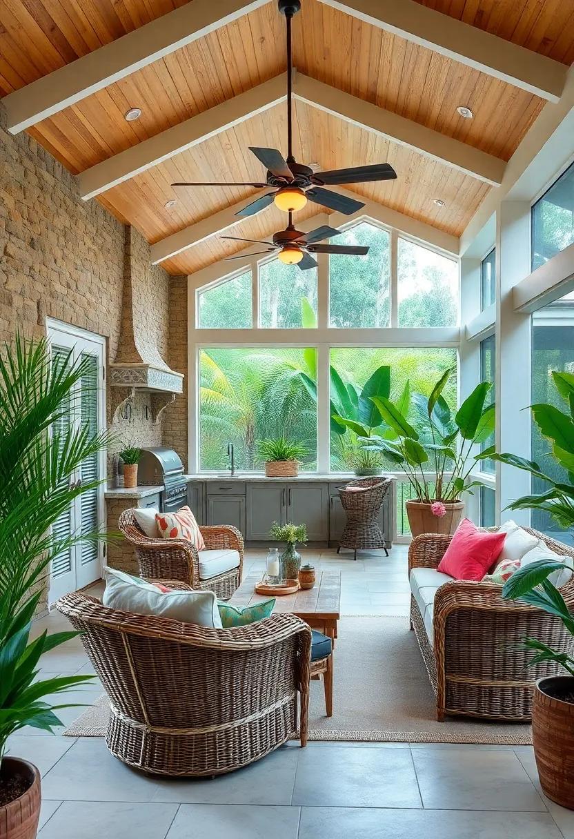 Capture the essence of a tropical paradise with​ a large screened porch that ‌features a ‍vibrant outdoor kitchen, rattan furniture, and lush greenery for a refreshing escape