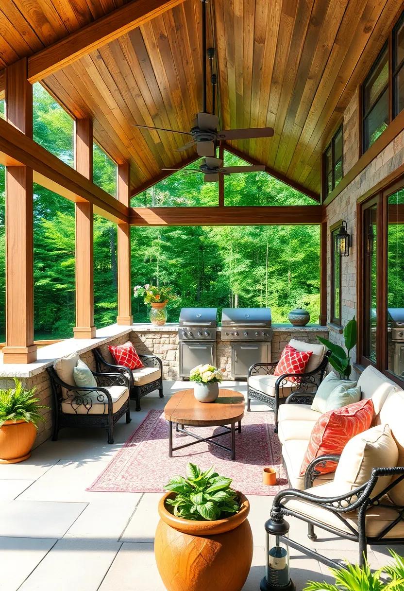 Imagine a ⁣rustic cabin retreat with a large screened porch showcasing a built-in grill, reclaimed wood accents, and comfortable furniture, perfect for ⁣enjoying nature’s beauty