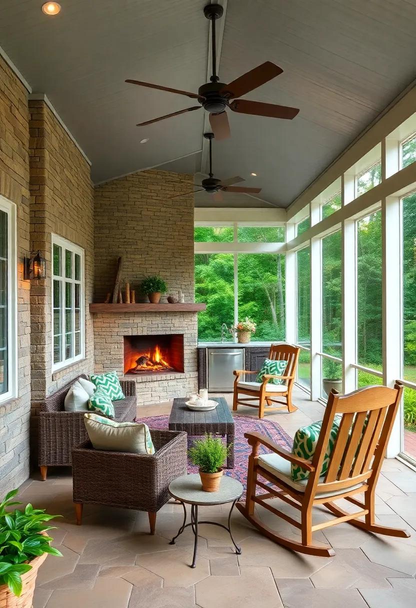 Discover the charm of rustic ​elegance with a farmhouse-style screened porch, complete with a vintage wooden dining table and a classic brick outdoor kitchen that invites al fresco gatherings