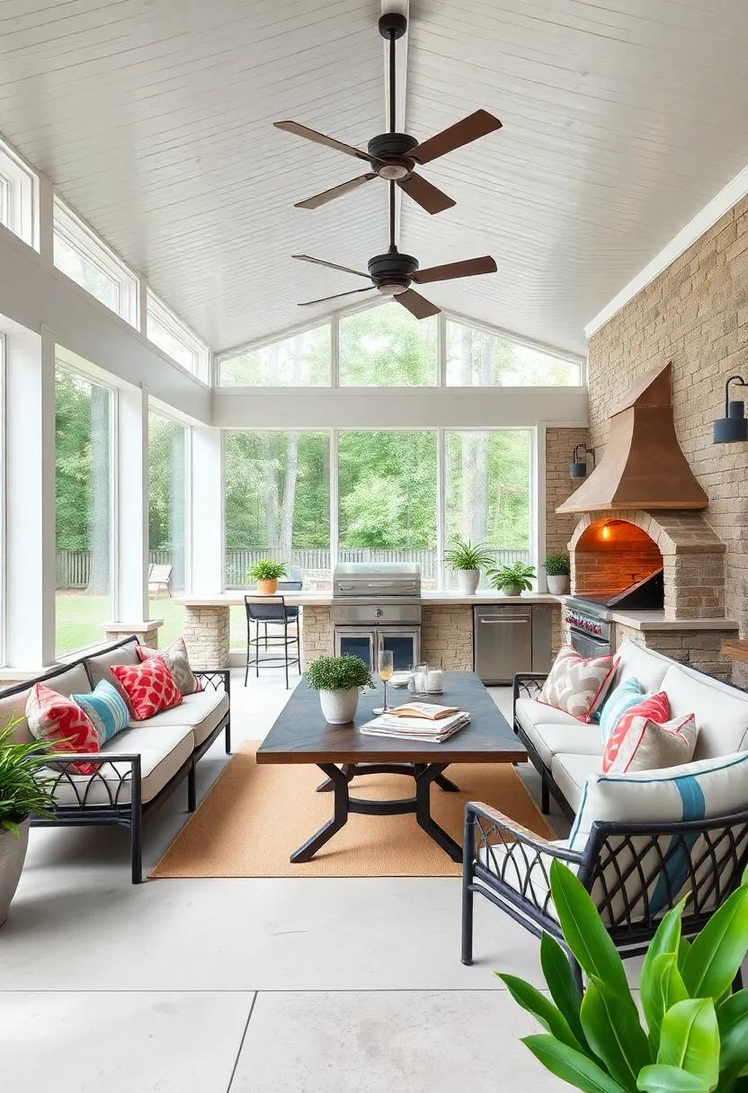 Get cozy on a stylish, oversized screened ​porch complete with a wood-fired pizza ‍oven and ample dining ‌space, ⁤perfect for enjoying meals ⁣with a view of nature