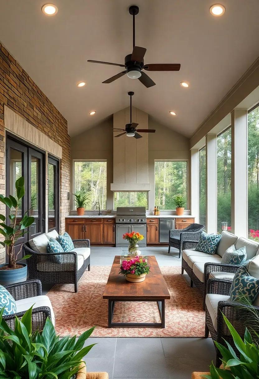 Celebrate nature with a large screened porch that⁢ integrates an outdoor kitchen,‌ surrounded by glass doors that invite in sunlight and fresh air, creating a seamless indoor-outdoor living ‍experience