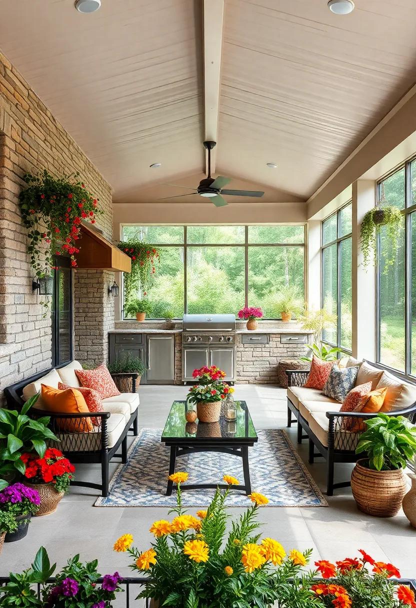 Create a vibrant atmosphere with a botanical-themed screened porch, incorporating an outdoor‌ kitchen surrounded‌ by cascading plants, colorful flowers, and cozy ⁢seating for family and friends