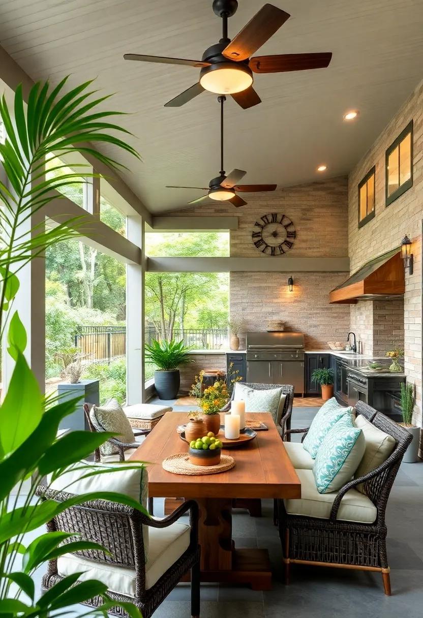 Discover the beauty of‌ a contemporary Asian-inspired​ screened porch with ⁤an outdoor kitchen featuring bamboo accents, lush plant life, and ​a serene ambiance ‌for peaceful dining