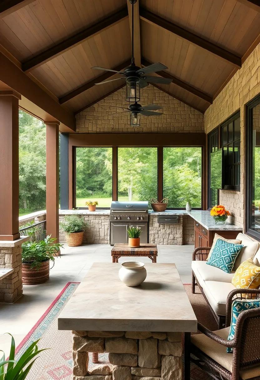Embrace an​ artistic flair in a screened porch featuring a vibrant outdoor kitchen,eclectic decor pieces,and a mosaic-tiled countertop that⁤ doubles as a statement piece