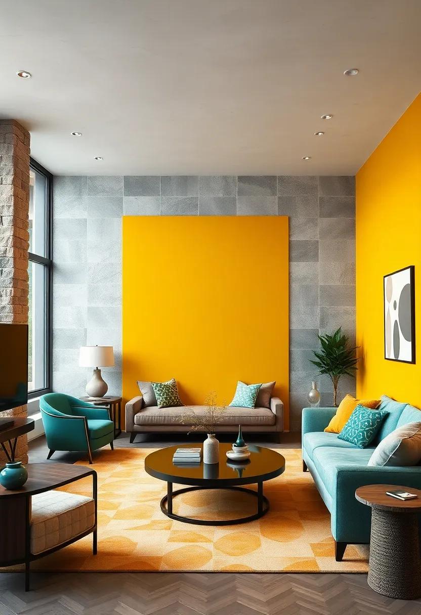 Retro Revival: ‍Play with mustard ‍yellow and teal for a bold, retro-inspired accent wall ‌that adds character to your living room