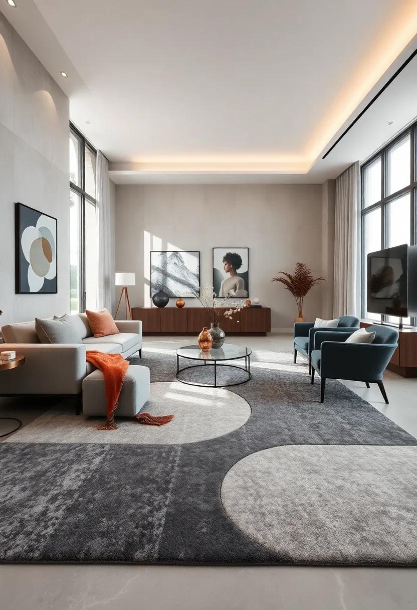 Statement Rugs: Select a plush area rug that features shades of deep gray and ​soft rosewood to anchor ​your living‍ room while adding comfort and ​style