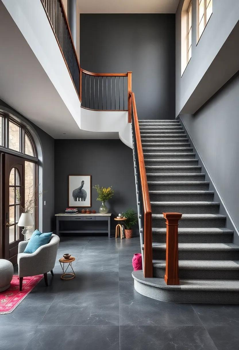 Timeless Staircase:​ Paint your staircase⁣ in deep gray tones ⁣and feature soft rosewood handrails for a ​stunning visual‌ that enhances your entryway