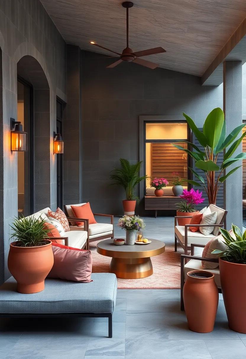 Outdoor Oasis: Bring deep ​gray patio furniture and accent it with soft rosewood planters to create ⁣a ​luxurious outdoor living area