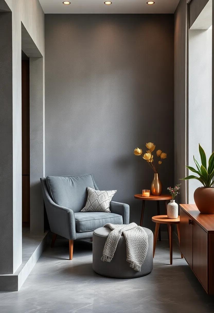 Cozy Nook: ‍Design a reading nook⁢ with a deep gray armchair and a soft rosewood side table for the perfect place‌ to unwind