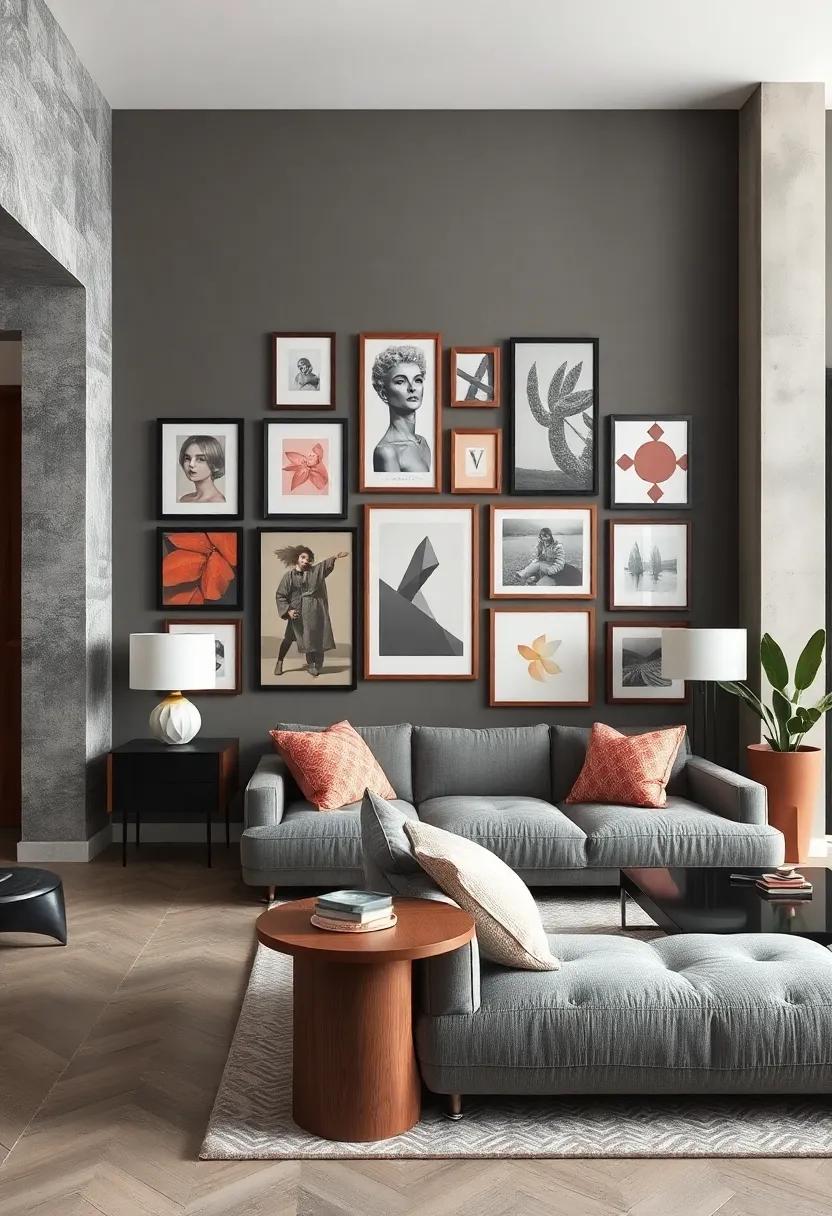 Eclectic ‌Gallery Wall: curate a gallery wall that combines frames in deep gray with soft rosewood artwork, personal photos, and mirrors