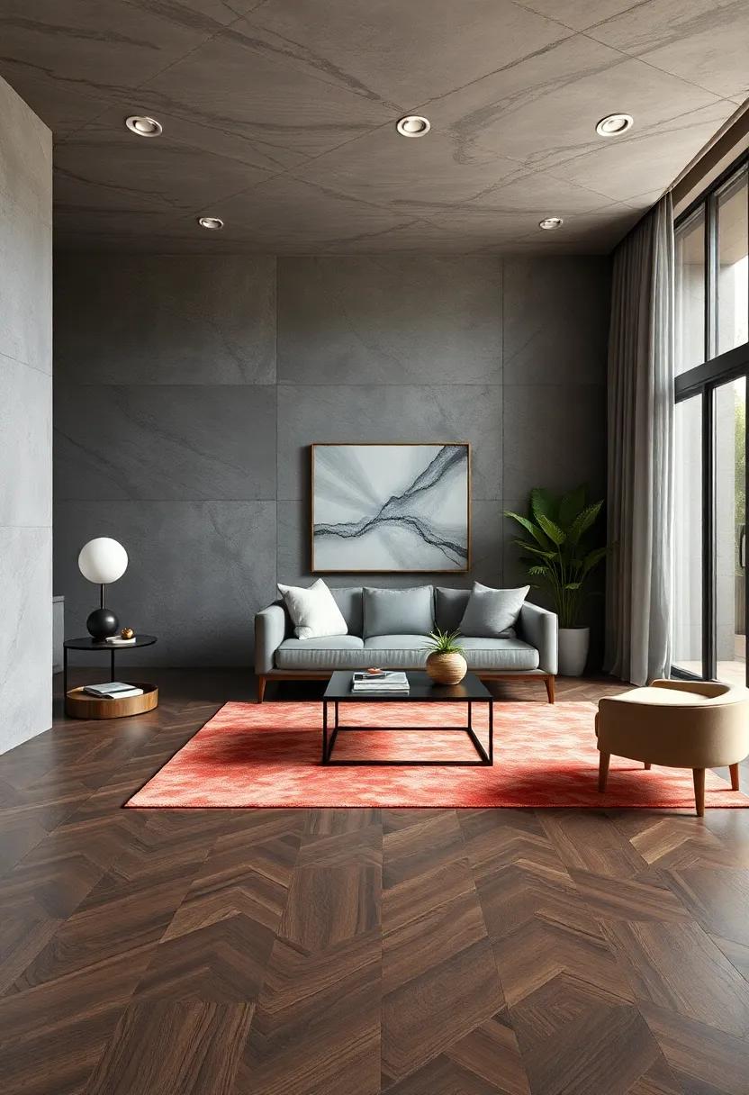 Alter Your Flooring: Choose deep gray ⁤hardwood or ⁢laminate flooring, ideally complemented by ⁤soft rosewood area rugs ⁢to soften ‍the overall look
