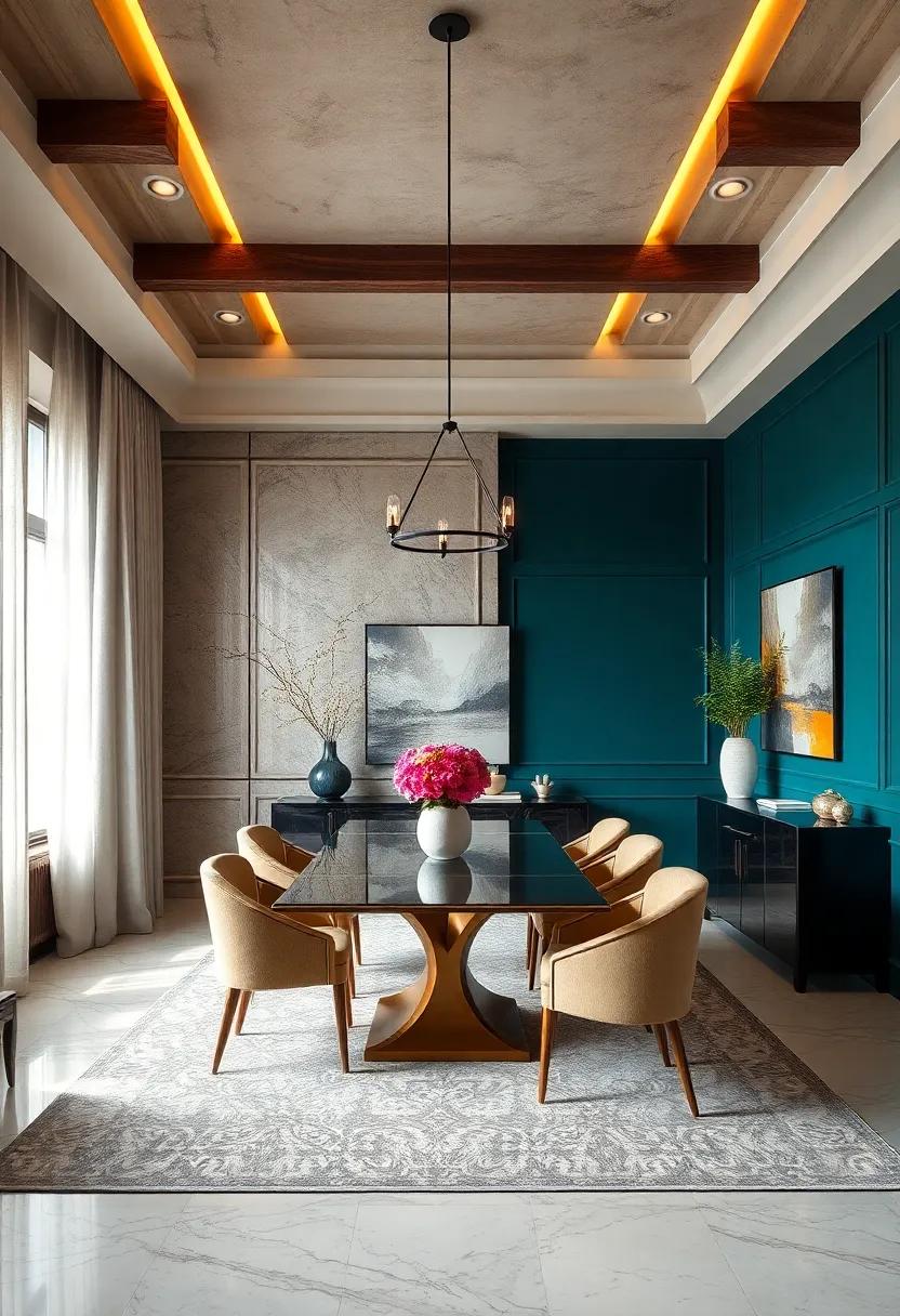 Design a Feature Wall: Choose a bold paint color,wallpaper,or paneling to create a striking backdrop that enhances the dining experience