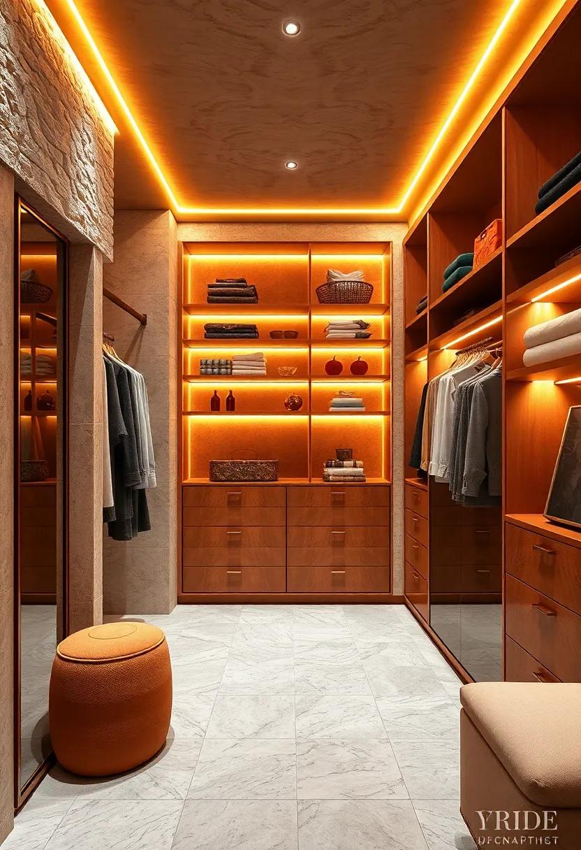 Ambient Lighting: Install ‌LED strip lights in gold to‌ highlight shelves ⁤and ensure an ⁣inviting glow ‌that⁣ enhances ⁣your closet's luxurious feel