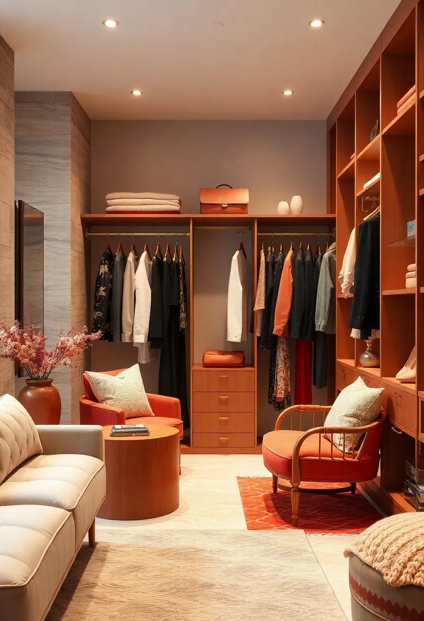 Colorful Accent‌ Chairs:⁣ Include ​a‍ plush accent chair upholstered in a rich ‍terracotta hue to create a cozy ⁢nook​ for getting⁤ ready or displaying your chic wardrobe