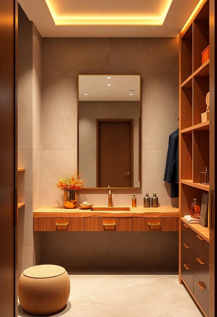 Built-in Vanity: ‌Design a built-in vanity with a terracotta-topped surface and gold hardware, complete with a large⁣ mirror‌ that reflects‍ both⁢ style⁢ and ​sophistication